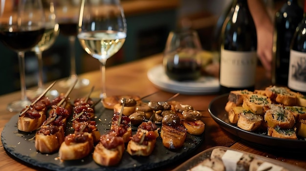 Foto tapas e abbinamenti di vini su un tavolo di legno con una varietà di vini in bicchieri chiari e di vino