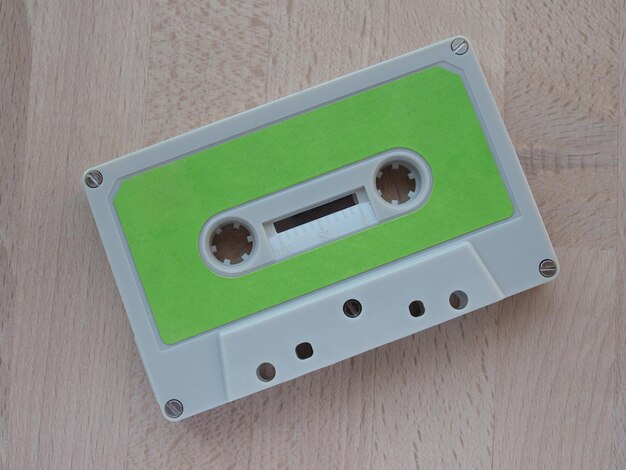 Tape cassette on wooden desktop