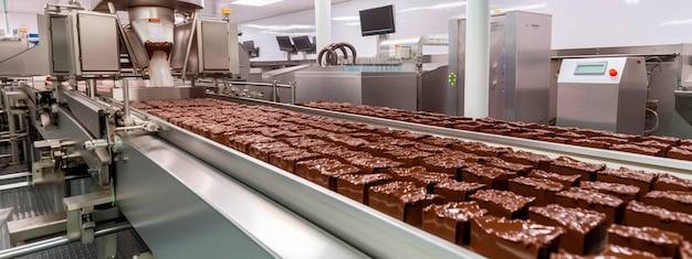 Ленточный шоколад в продуктах пищевой промышленности, готовых к автоматической упаковке Концепция автоматизированного производства продуктов питания Генеративный ИИ