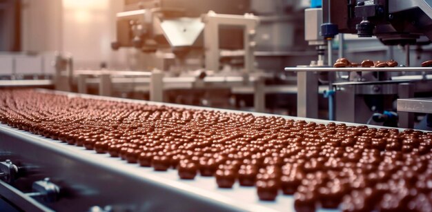 Фото Ленточный шоколад в продуктах пищевой промышленности, готовых к автоматической упаковке концепция автоматизированного производства продуктов питания генеративный ии
