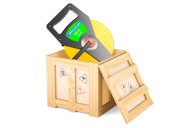 Tape measure inside wooden box delivery concept 3D rendering