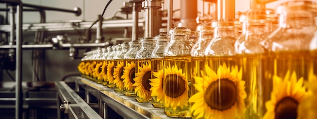 Tape sunflower oil in the food industry products ready for automatic packaging Concept with automated food production Generative AI