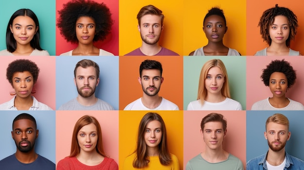 Photo a tapestry of diverse faces against colorful backgrounds