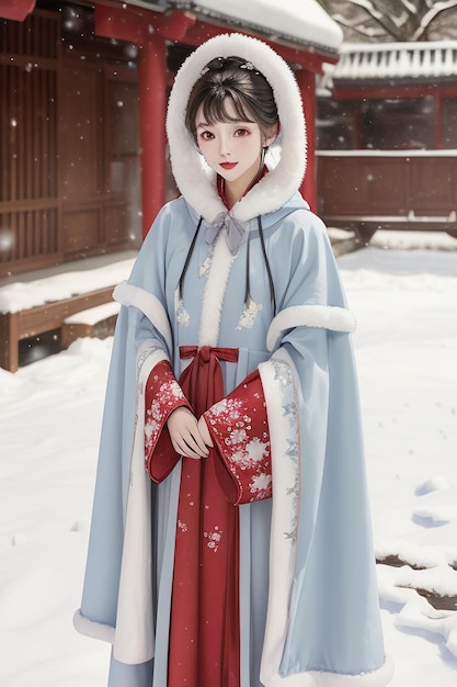 Tapijt klassieke Chinese schoonheid met Hanfu cheongsam jas in de koude winter en sneeuw