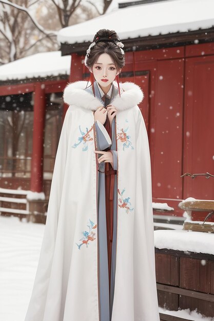 Tapijt klassieke Chinese schoonheid met Hanfu cheongsam jas in de koude winter en sneeuw