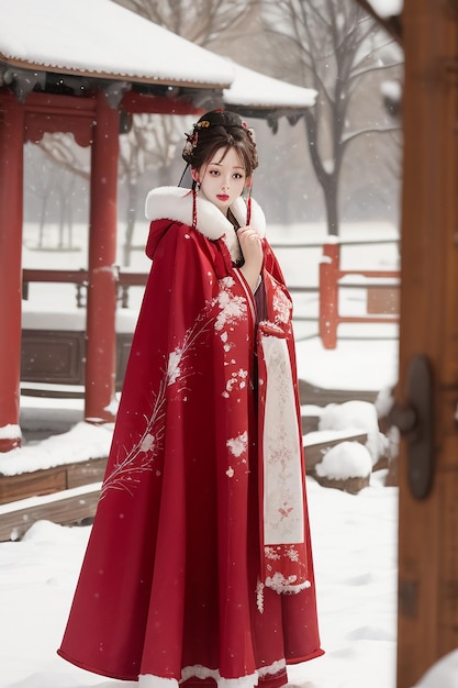 Tapijt klassieke Chinese schoonheid met Hanfu cheongsam jas in de koude winter en sneeuw