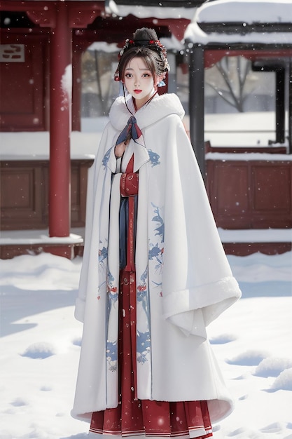 Tapijt klassieke Chinese schoonheid met Hanfu cheongsam jas in de koude winter en sneeuw
