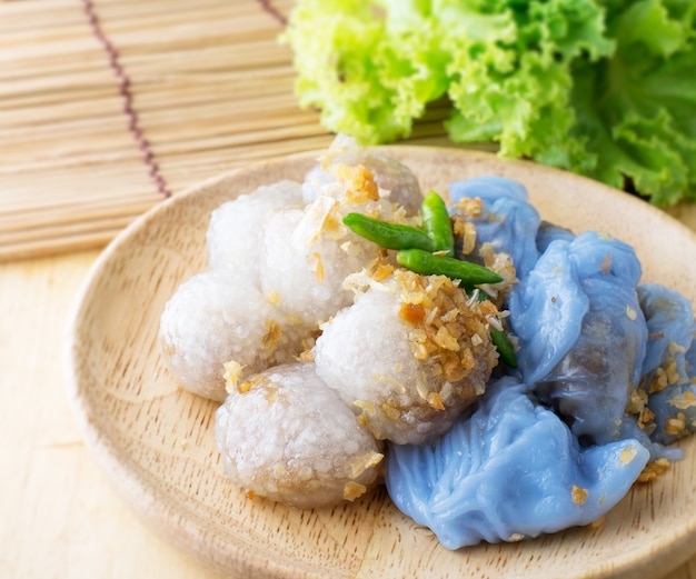 Tapioca balls with pork filling serve with vegetable