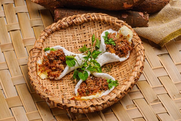 Tapioca with meat, cheese and butter. Food from the northeast region of Brazil.