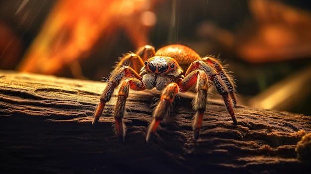 Foto tarantula op een prachtige houten spin