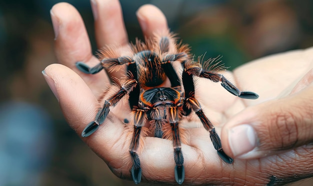 Photo tarantula spider on a mans hand close up tarantula spider as a pet