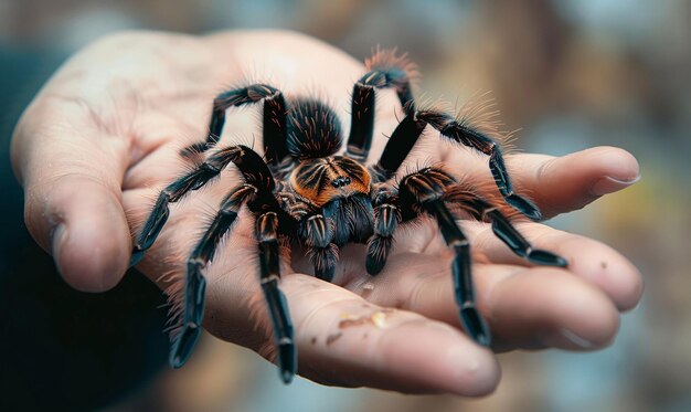 写真 男性の手にタラントゥラ・スパイダーを貼り付けペットとしてタラントュラのスパイダー