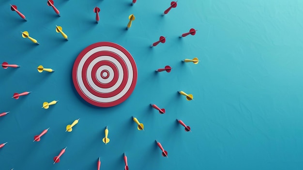 Photo target market segmentation strategy red target surrounded by yellow arrows on blue background