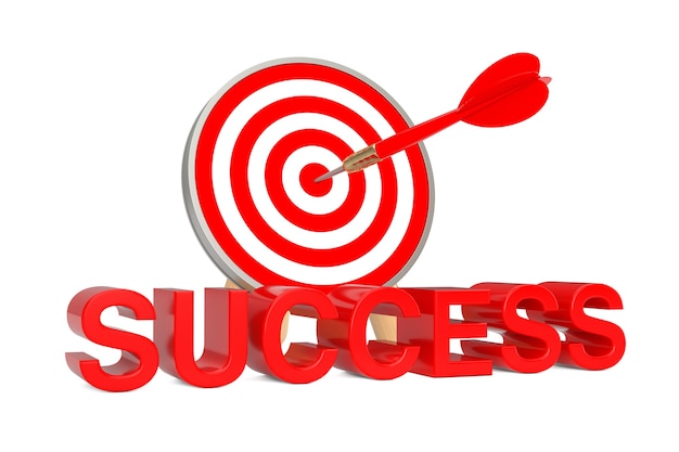 Target to Success Concept. Success Sign in front of Archery Target with Dart in Center on a white background. 3d Rendering