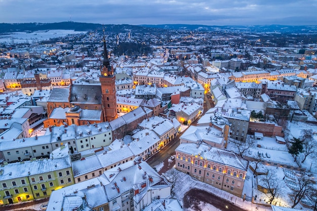 Tarnow in winter Old town Cathedral and city skyline from drone