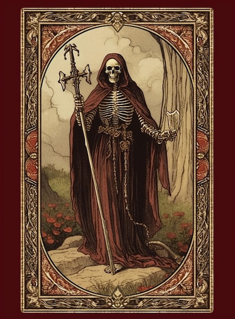 A tarot card with a skeleton wearing a red robe and a black hat.