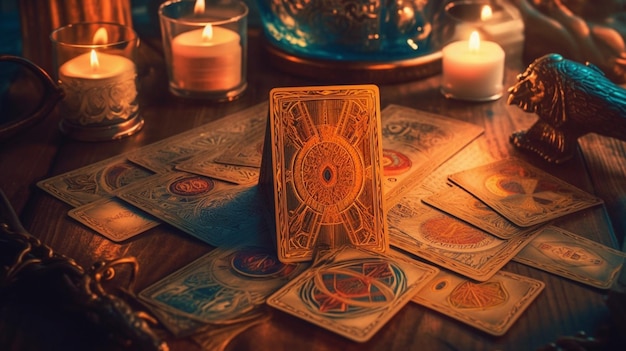 A tarot card with a tarot card on top of it.