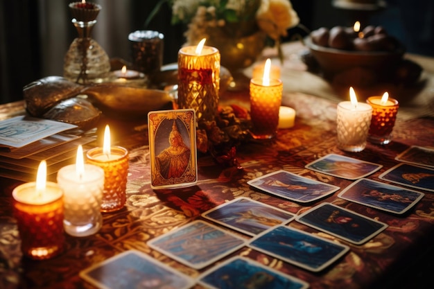 Tarot cards and burning candles on wooden table at night Fortune telling and reading future Astrology horoscope esoteric and spiritual concept