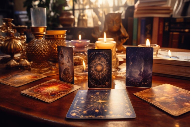 Tarot cards and burning candles on wooden table at night Fortune telling and reading future Astrology horoscope esoteric and spiritual concept