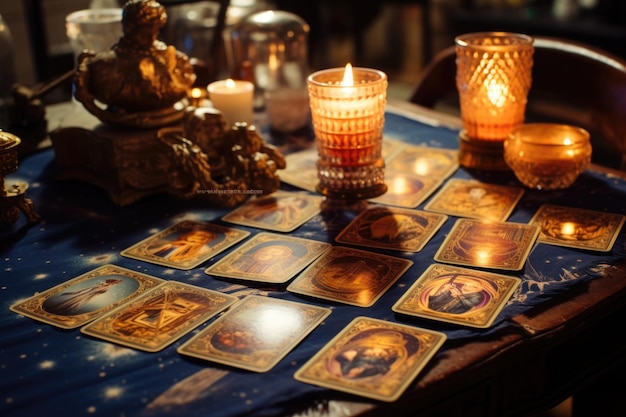 Tarot cards and burning candles on wooden table at night Fortune telling and reading future Astrology horoscope esoteric and spiritual concept