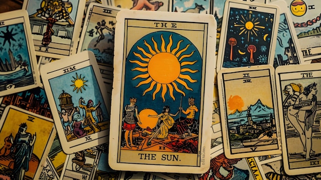 Tarot Cards Pile with Central THE SUN and a Page Out
