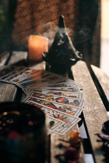 Photo tarot cards on a wooden table