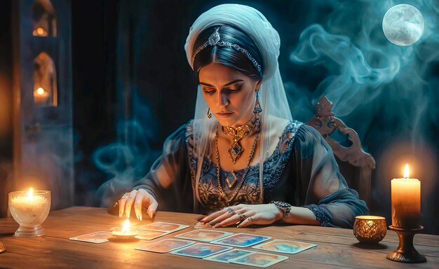 Photo tarot reader chooses tarot cards fortune teller reads cards