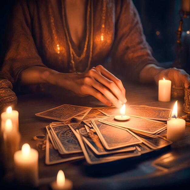 Photo tarot reader chooses tarot cards fortune teller reads cards