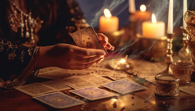 Tarotkaarten lezen Fortuin teller van handen met DE ZON kaart en tarotkaarten op tafel