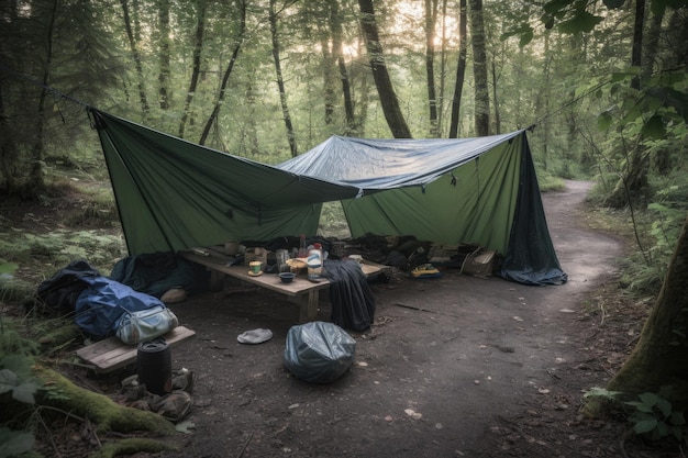 Tarp en tent opgezet voor een nachtje kamperen gemaakt met generatieve AI