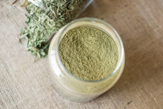 Photo tarragon powder in jar, top view