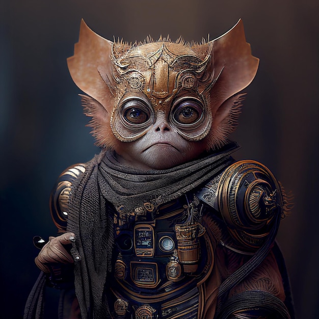 tarsier in cyberpunk futuristic robotic metal ancient rustic armour outfits