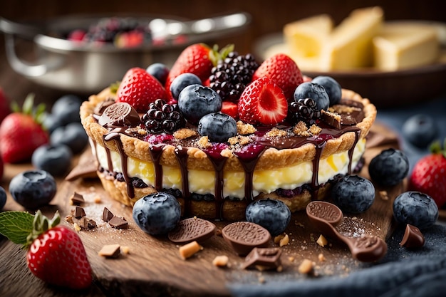 Tart with chocolate cheese and berries breakfast is sweet with blueberr