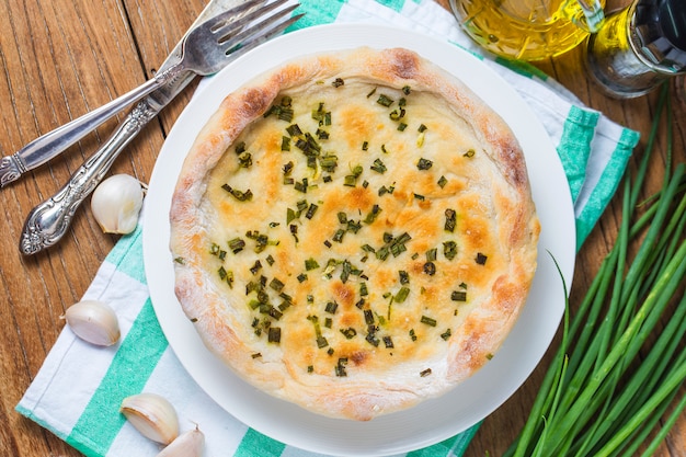 tart with onions and cheese, food closeup