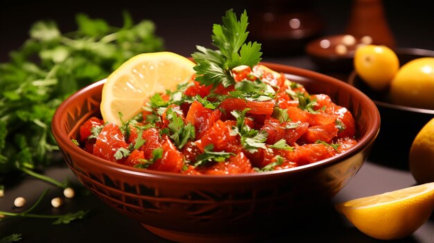 Tartare made of roasted peppers tomatoes in a bowl on light red background