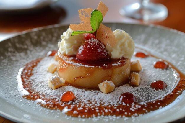 Foto tarte tatin dessert met appel saus en room op een bord in een restaurant