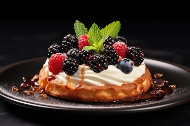 a tartlet on black table closeup Tasty dessert