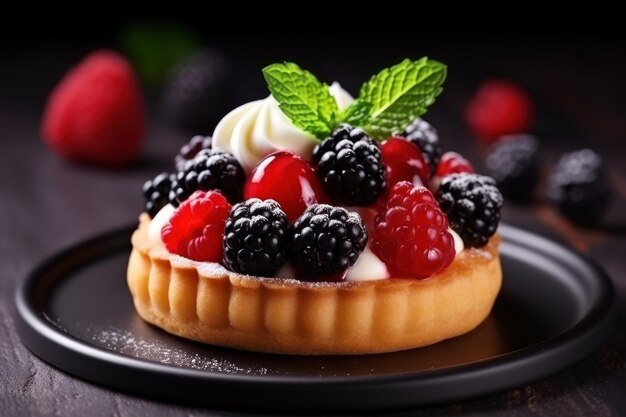 a tartlet on black table closeup Tasty dessert