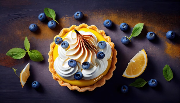 Tartlet with lemon curd blueberries and meringue horizontal closeup with Generative AI Technology