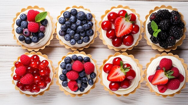 Tartlets with cream blueberries raspberries and strawberries on white table