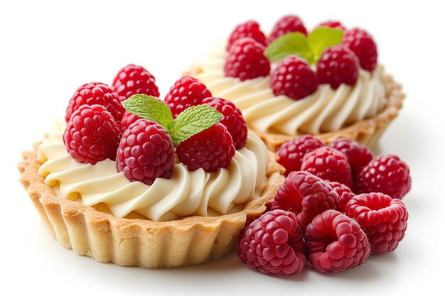 Tartlets with cream and raspberries on white background