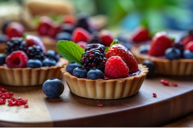 Tartlets with fresh berries on a wooden table