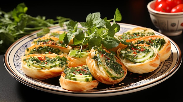 Tartlets with greens and vegetables in plate on white