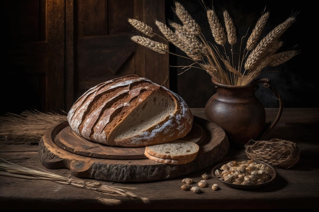 Tarwe en rustiek brood op een tafel gemaakt van antieke vintage planken van hout