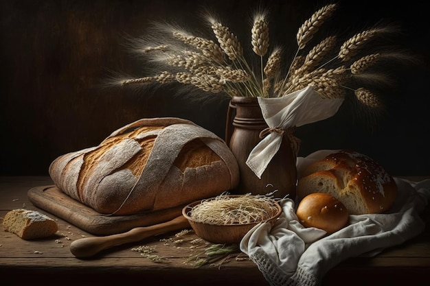 Tarwe en vers geurig brood staan op tafel, begrip van voedsel Bakkerijbeeld