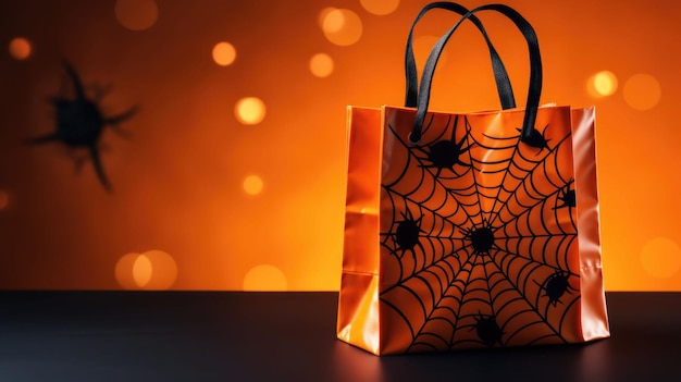 Tas en decor voor Halloween op een oranje achtergrond Holiday shopping and sale concept AI gegenereerd