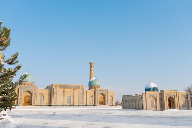 Tashkent Uzbekistan December 2020 Old town in winter Hazrati Imam Mosque and Muyi Muborak Madrasah