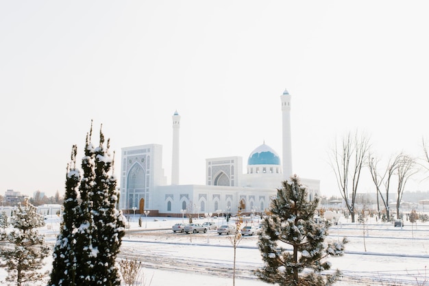 Tashkent Uzbekistan December 2020 White Mosque Minor in winter on a sunny day