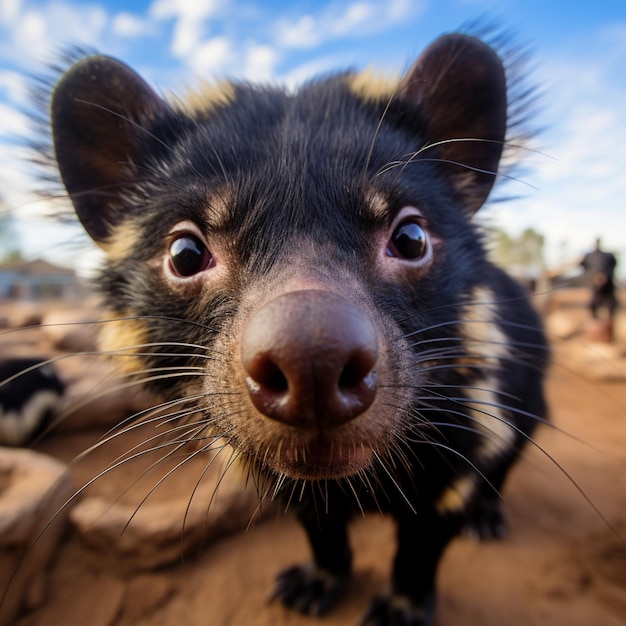 Tasmaanse duivel snuffelt aan het portret van het cameragezicht