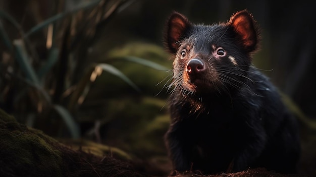 A tasmanian devil is looking up at the camera.